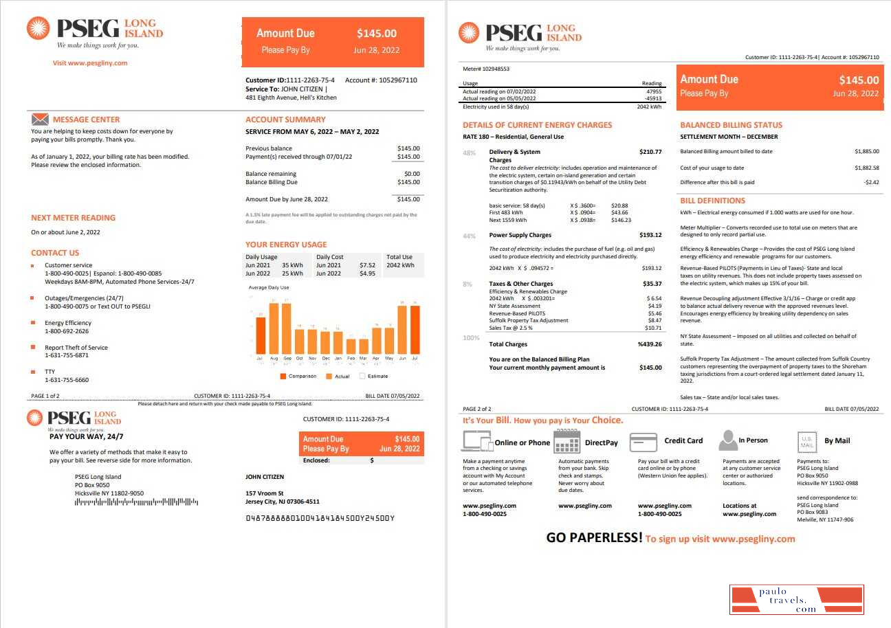 USA New Jersey PSEG electricity utility bill template in Word and PDF format, 2 pages
